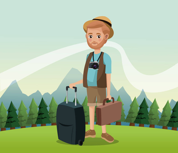 hombre barbudo con cámara maleta equipaje sombrero paisaje fondo
 - Vector, imagen