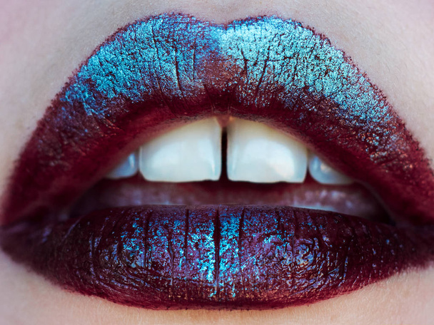 Lips, art make-up with shadows and Shine. Close-up, small depth of field - Photo, Image