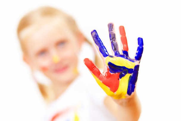 Happy child with paint on the hands - Valokuva, kuva