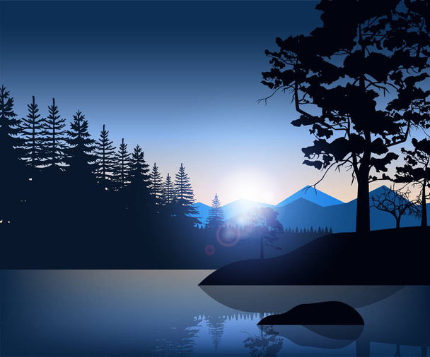 Nature backdrop of mountains and lake landscape with silhouette trees - Vector, Image