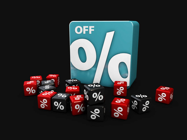 Μπλε κύβους με percents σε μαύρο φόντο. 3D απεικόνιση για τις εκπτώσεις και τις πωλήσεις. - Φωτογραφία, εικόνα