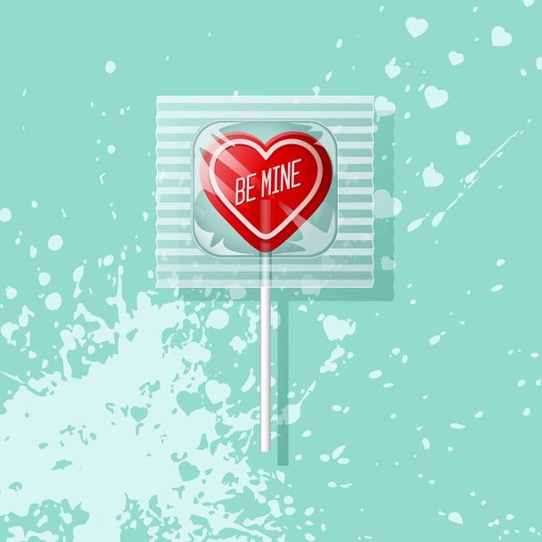 Valentine heart shaped lollipop on pink background. Retro candy design with text, be mine. - Vector, imagen