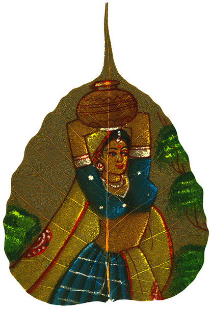Painting on Peepal Leaf - Young Woman - Photo, Image