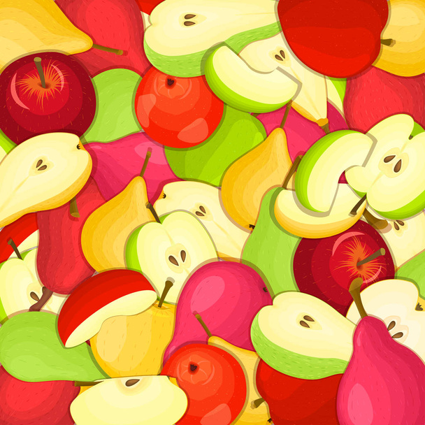 Зрізати соковитий грушевий яблучний фон. Векторна ілюстрація картки. Близько розташовані свіжі груші аплетів очищені, шматок половини, скибочки, насіння апетитний візерунок для дизайну упаковки здорової харчової дієти
 - Вектор, зображення