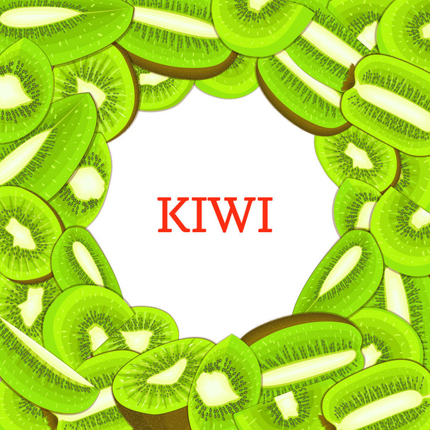 Marco de color redondo compuesto de deliciosa fruta kiwi. Ilustración de tarjetas vectoriales. Círculo kiwis. Frutas de kiwis frescos maduros apetitosos en busca de jugo de diseño de envases, alimentos para el desayuno
 - Vector, imagen