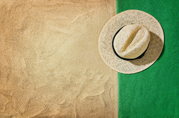 Top view towel on sandy beach. Background with copy space - Фото, изображение