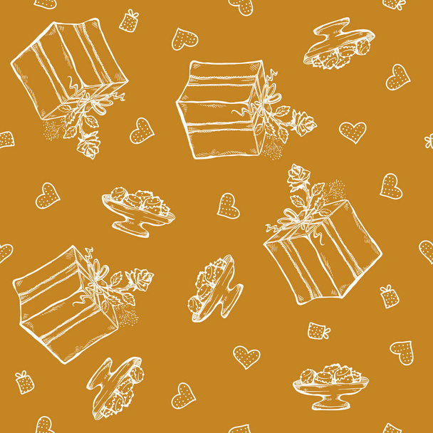 vector seamless pattern with birthday greetings and hearts. Gold background for gift wrapping. box, ribbon, rose - Vector, afbeelding