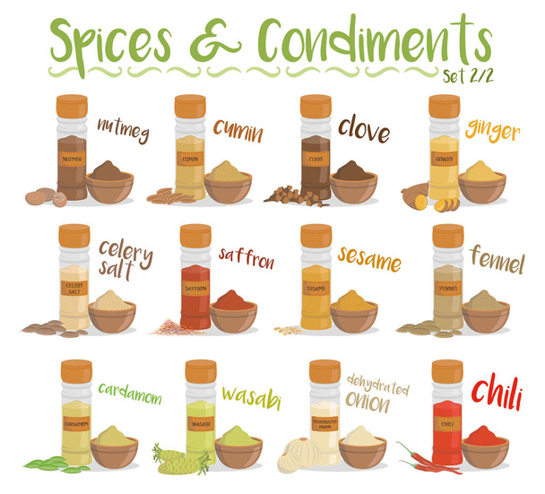 Set van 12 verschillende culinaire soorten en specerijen in cartoon stijl. Set 2 van 2 - Vector, afbeelding