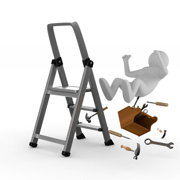 man falls from ladder on white background. Isolated 3D image - 写真・画像