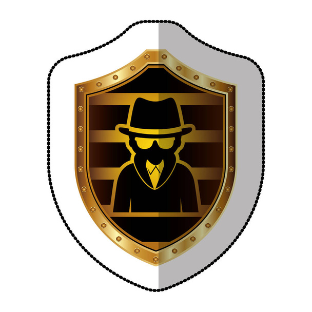 etiqueta engomada media sombra de hacker en escudo amarillo
 - Vector, imagen