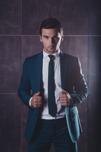 Portrait of successful young stylish businessman in black tuxedo - Foto, Imagen