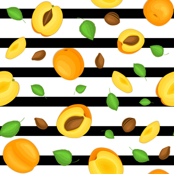 nahtloses Vektormuster reifer Aprikosenfrüchte. gestreifter Hintergrund mit köstlichen saftigen Aprikosen, ganz, in Scheiben geschnitten, die Hälfte, Blätter. Abbildung kann für den Druck auf Gewebe, Textilien in Design-Verpackungen verwendet werden. - Vektor, Bild