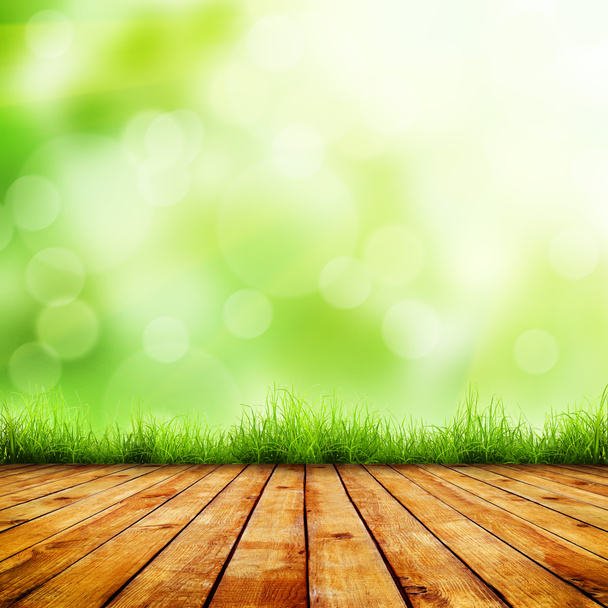 Fresh spring green grass and wood floor - Photo, Image
