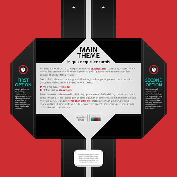 Modern web design template with two black paper stripes and options on red background. Strict corporate business style. Useful for annual reports, presentations and media. - Vektor, obrázek