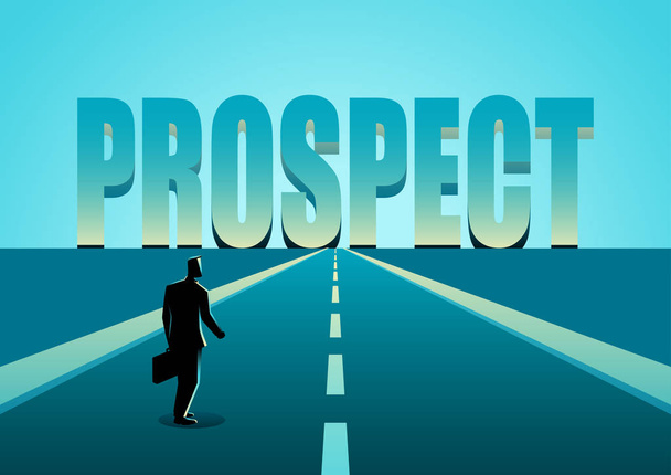 Businessman walking on road towards the word Prospect - Vector, Image