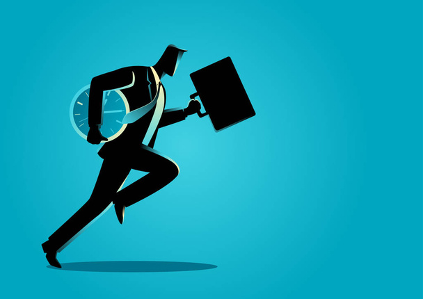 Businessman running with briefcase and clock - Vector, Image
