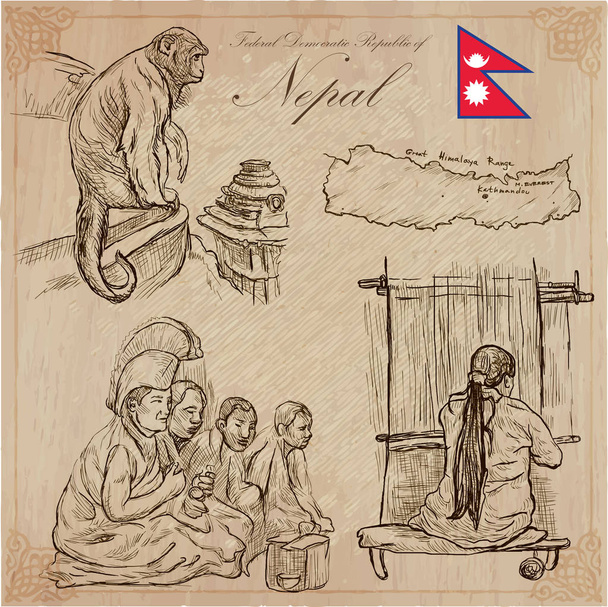 Nepal - foto's van het leven. Reizen. Vector collectie. Hand drawin - Vector, afbeelding