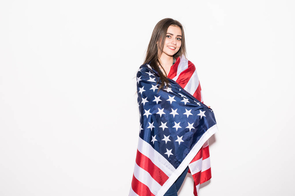 Young girl covered US flag on white - Foto, afbeelding