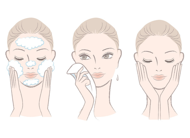 Set of fresh beautiful woman in process for washing face - Vector, Image