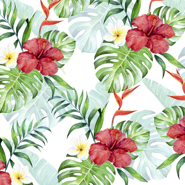 Trooppinen kuvio hibiscus kukkia ja palmunlehtiä
 - Valokuva, kuva
