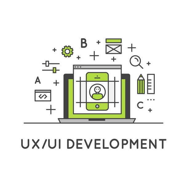 Ux Ui ユーザー インターフェイスとユーザーのイラストの過程を体験します。 - ベクター画像