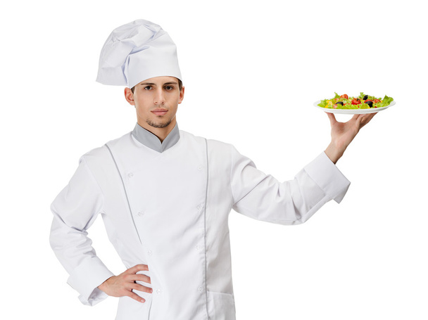 Retrato del chef cocinero con ensalada en el plato
 - Foto, imagen