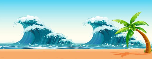 Cena com grandes ondas no oceano
 - Vetor, Imagem