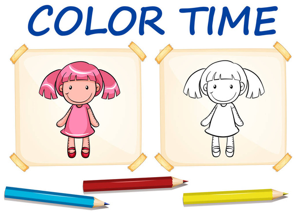 Coloring template with cute doll - Vector, Image