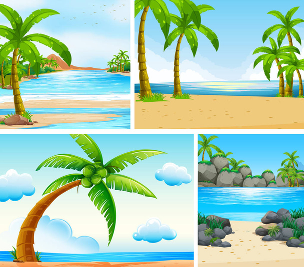 Океанская сцена с кокосовыми пальмами на пляже
 - Вектор,изображение