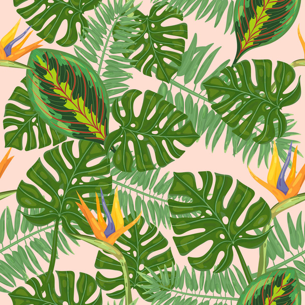 nahtloses Muster mit Blumen Paradiesvögel und Blättern tropischer Pflanzen - Vektor, Bild