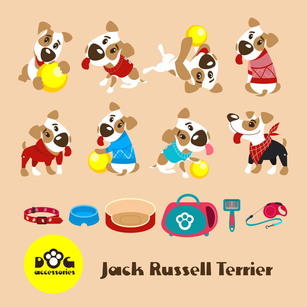 Набір із восьми funny собак Джек Рассел тер'єр в одязі. Одяг і аксесуари для собак. Векторні ілюстрації. - Вектор, зображення