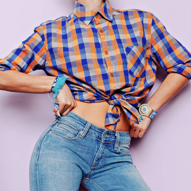 Country style fashion and accessories. Bracelets, plaid shirt - Foto, afbeelding