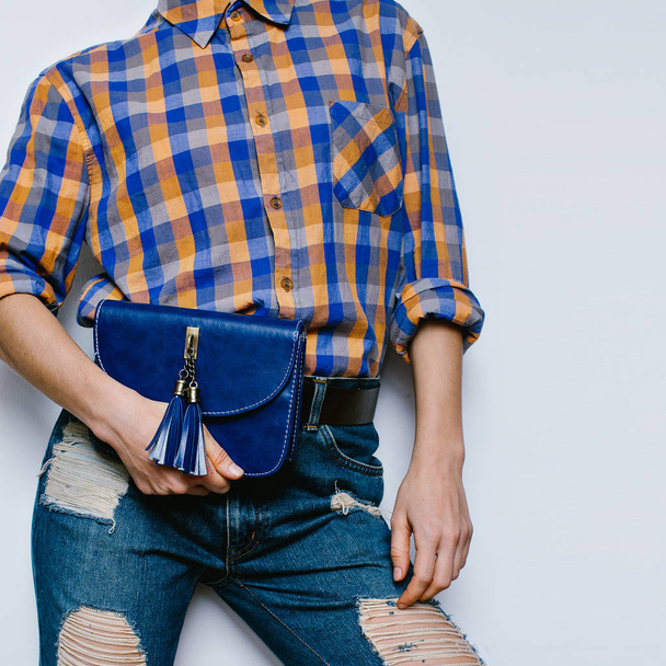 Country Girl Summer fashion style. Accessories. Bag, classic blu - Fotoğraf, Görsel
