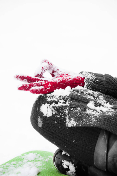 woman hand closeup in lotus yoga position in snow - Photo, Image