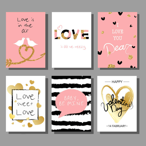Valentine`s Day creative artistic cards set. Vector illustration. Wedding, love, romantic template. Hand drawn elements. - Vector, Image