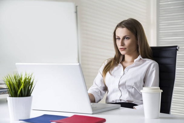 Serious businesswoman in office with laptop - Zdjęcie, obraz