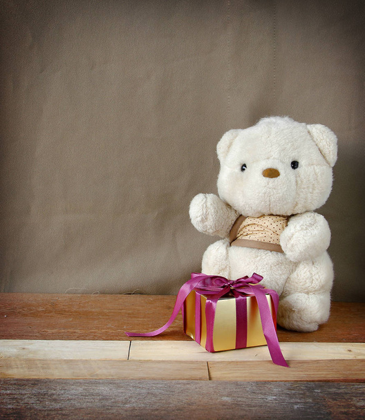 Cute Teddy Bear with Elegance Golden Gift Box  - Φωτογραφία, εικόνα