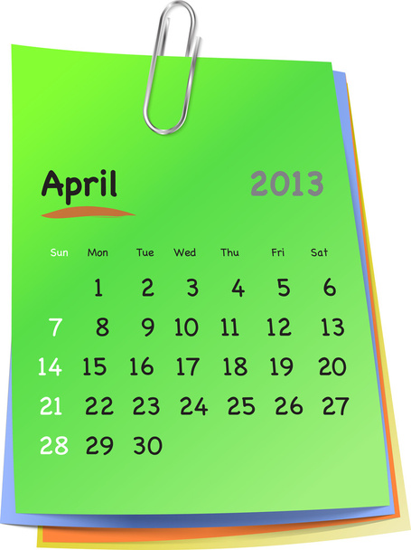 Calendar for april 2013 on colorful sticky notes - Vector, Image