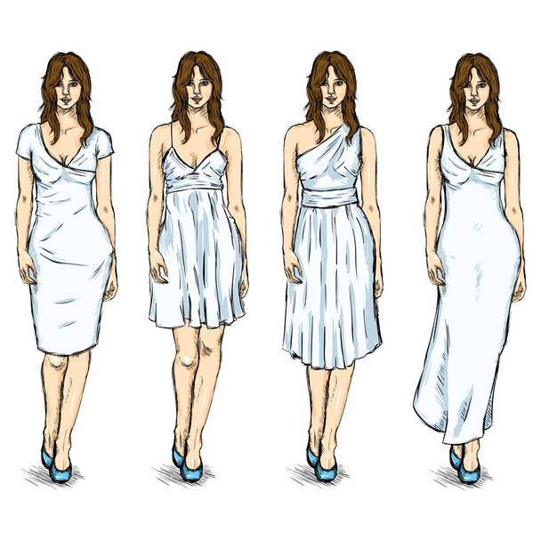 Fashion modellen in jurken - Vector, afbeelding