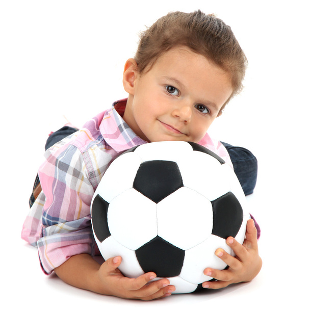 beautiful little girl with ball isolated on white - Photo, image