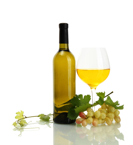 bottle, glass of wine and ripe grapes isolated on white - Photo, image