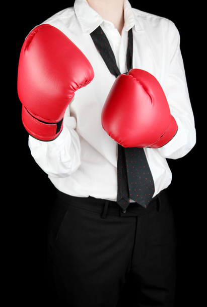 businessman in boxing gloves isolated on black - Fotoğraf, Görsel