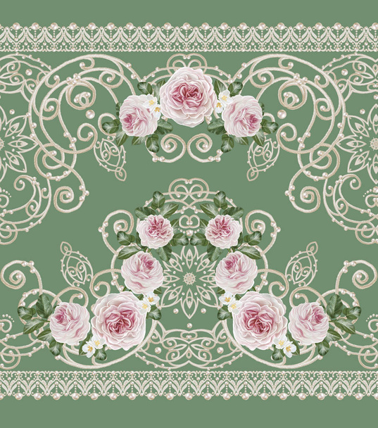 Seamless pattern border. Openwork weaving delicate, silver background, shiny lace, vintage old style arabesques. Edging decorative. Bouquets of pink pastel roses. - Valokuva, kuva