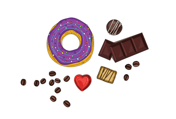 Pink glaze donut top view vector illustration. coffee beans, different kind of candy and chocolate around - Vector, Image
