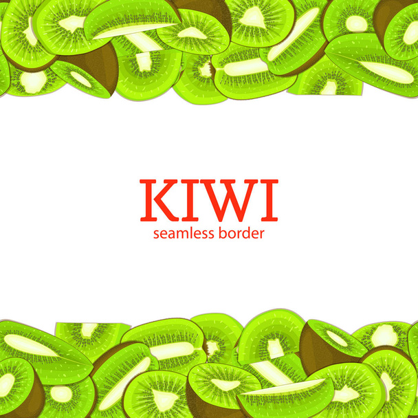 Kiwi ovoce vodorovné ohraničení bezproblémové. Vektorové ilustrace kartu horní a dolní čerstvé tropicat kiwifruits celého plátku chutný, hledají obalový design šťávy snídaně, zdravé stravování - Vektor, obrázek