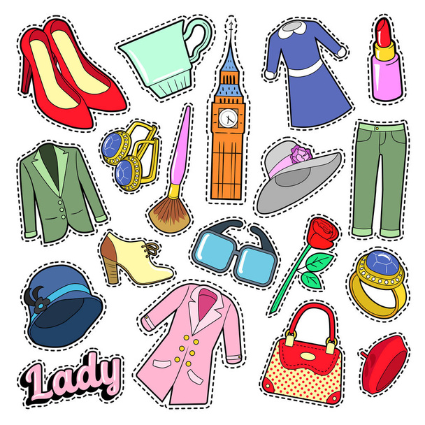 englische Damenmodeabzeichen, Aufnäher, Aufkleber mit Kleidung und Schmuck. Vektor-Doodle - Vektor, Bild