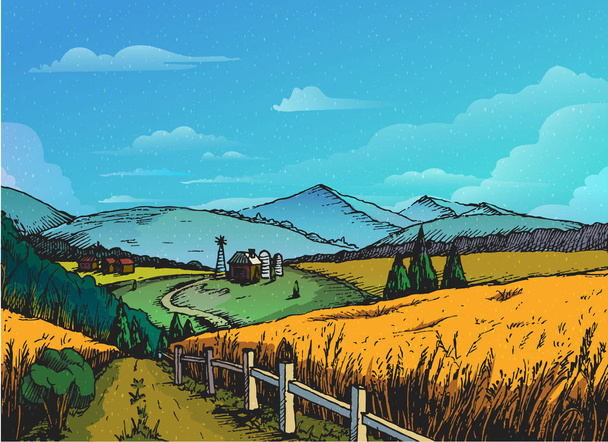 Paesaggio rurale in stile grafico, disegnato a mano e convertito in vettoriale Illustrazione
. - Vettoriali, immagini