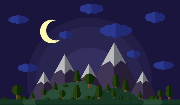 vector illustration of the high mountains and hills covered in green forest, moonlit night, a clear starry sky with clouds - Vector, Image