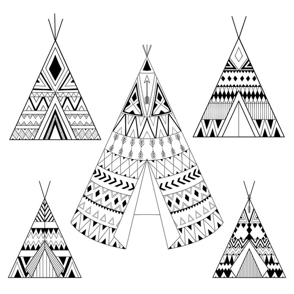 Hand drawn American native five wigwams set with ethnic ornament - Vecteur, image