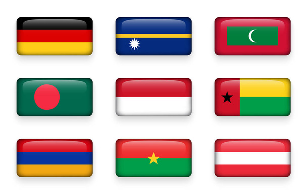 Set of world flags rectangle buttons ( Germany . Nauru . Maldives . Bangladesh . Indonesia . Guinea-Bissau . Armenia . Burkina Faso . Austria ) - Vetor, Imagem